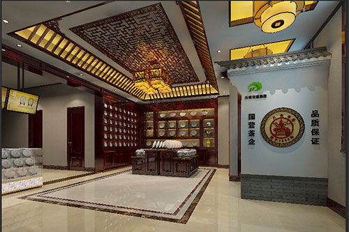 莱山古朴典雅的中式茶叶店大堂设计效果图